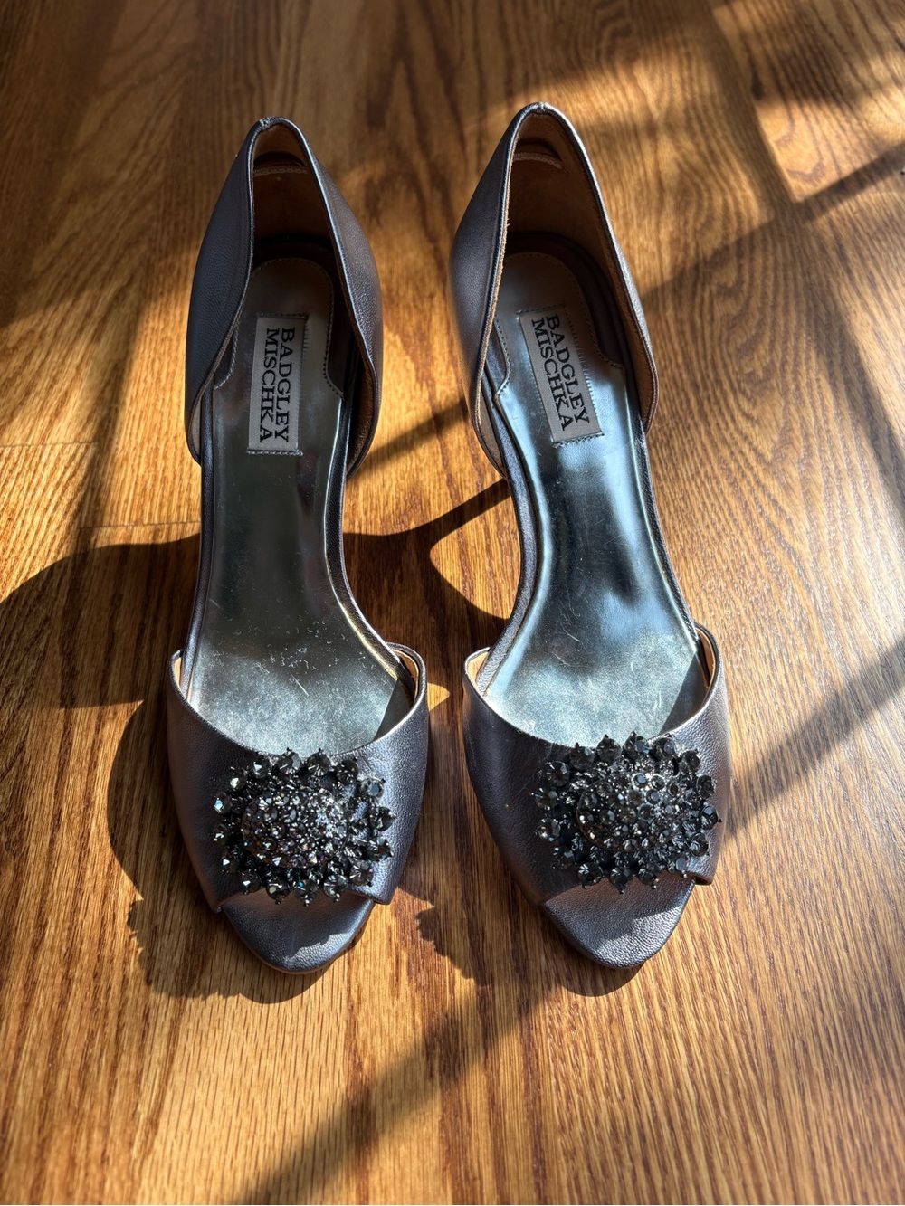 Silver Badgley Mischka Peep-Toe Heels with Crystal Cluster